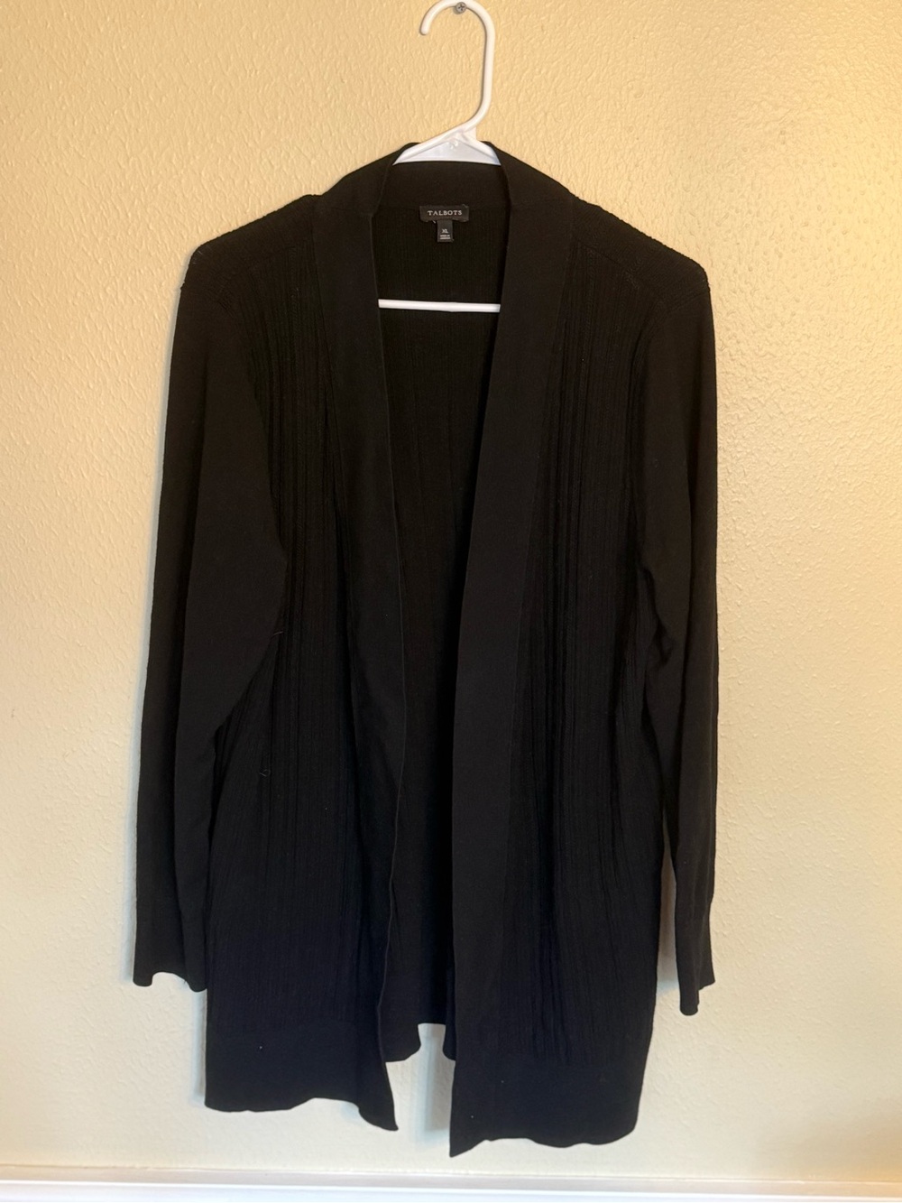 Talbots Black Open-Front Ribbed Trim Cardigan